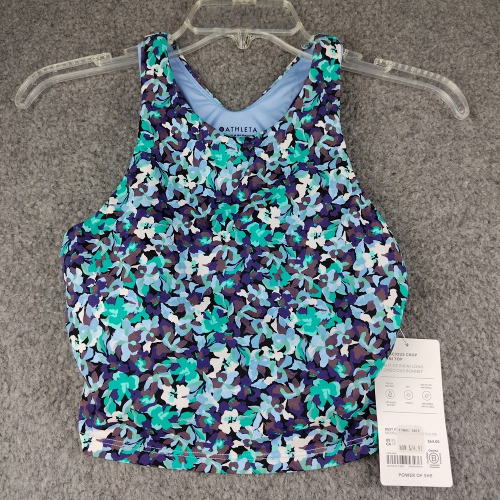 Athleta Bikini Top Sz XS Conscious Crop Blue Floral D-DD Cup NWT